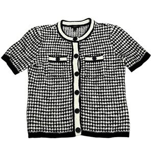 Talbots Short Sleeve Cardigan Check Jacquard in Black/White Size Petite